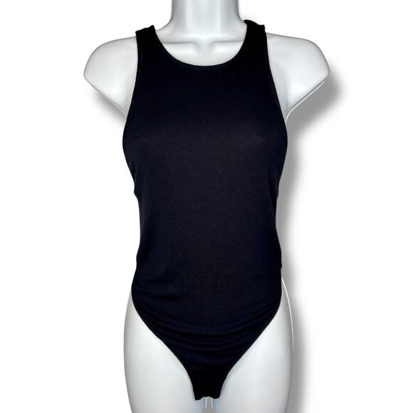 Intimately Free People Black Ribbed scoop Neck Cross Back Thong Bodysuit - Picture 1 of 7